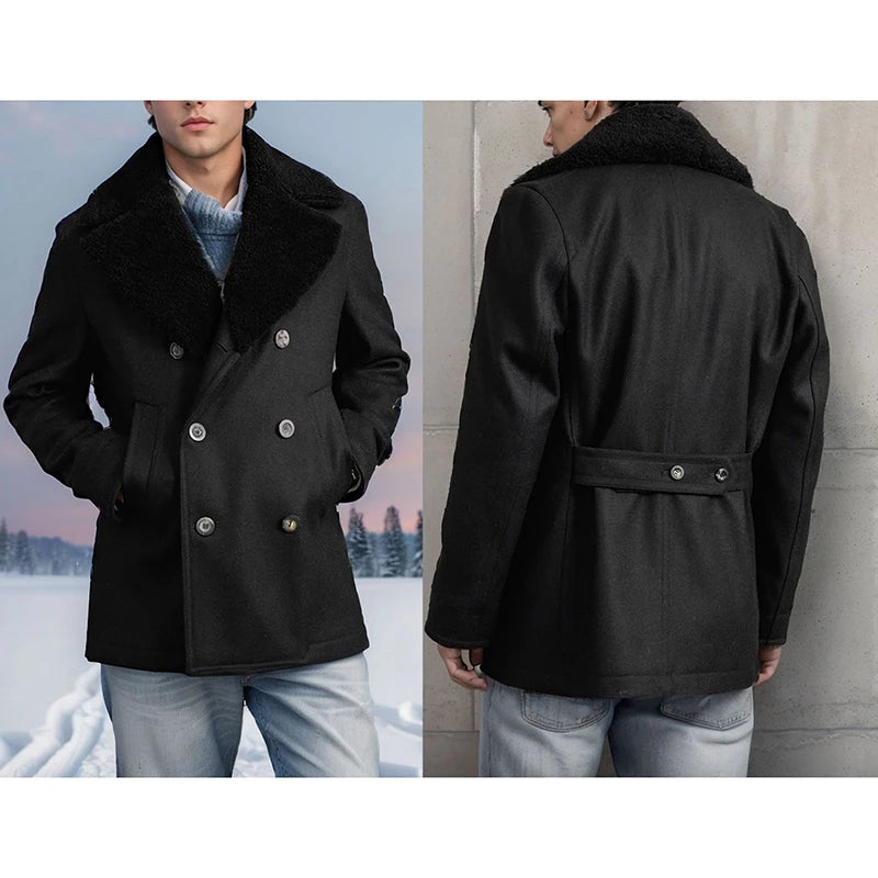 Stylish Men s Wool Pea Coat with Contrast Color Detail Double Breasted Design and Warm Long Sleeves - Perfect Winter Cardigan
