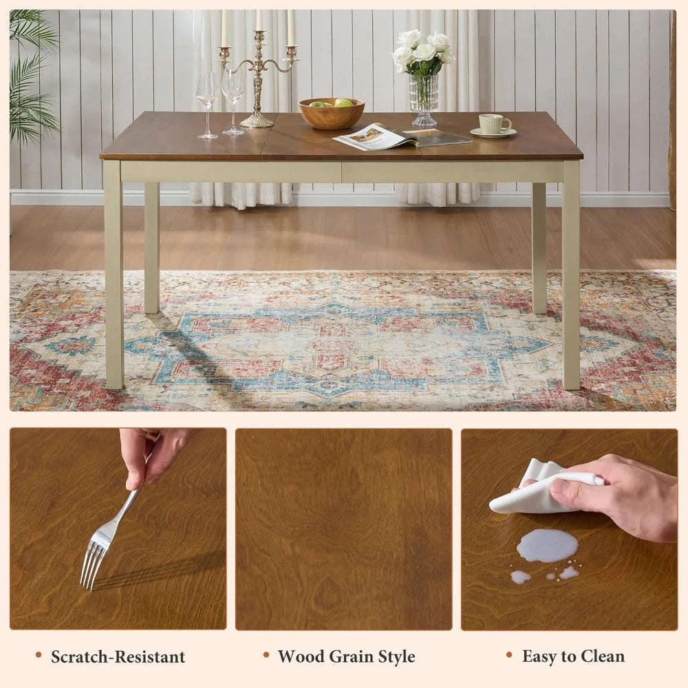 7-Piece Solid Wood Farmhouse Dining Table Set with 6 Upholstered Chairs, 60 Space-Saving Dinner Table and Chairs Set