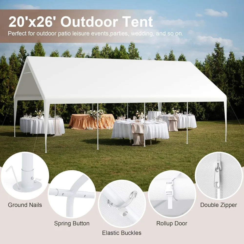 "20ft x 26ft durable carport with roll-up clear panels, reinforced party tent with detachable walls and doors"