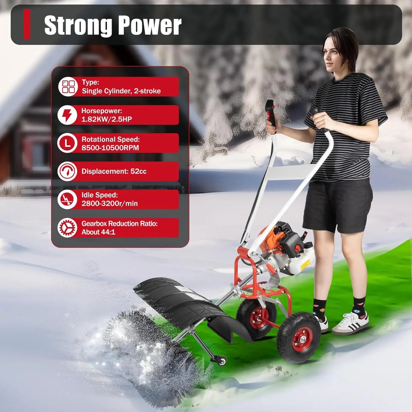 52cc Gas Power Handheld Snow Broom Brush Cleaner, 2.5 HP w/Auxiliary Wheels, Outdoor Hand Held Push Broom Driveway, Customized