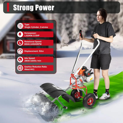 52cc Gas Power Handheld Snow Broom Brush Cleaner, 2.5 HP w/Auxiliary Wheels, Outdoor Hand Held Push Broom Driveway, Customized