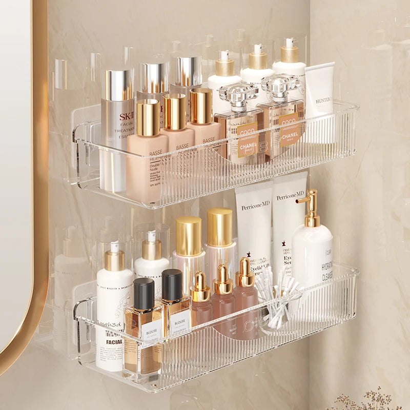 Wall mounted cosmetic and skincare storage rack for bathroom no need for drilling Multi functional kitchebathroom storage rackra