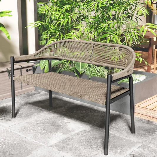 Outdoor Loveseat Bench,46.8 Inches Wicker Frame Patio Bench, All Weather Outdoor Bench with Rattan Backrest Armrests