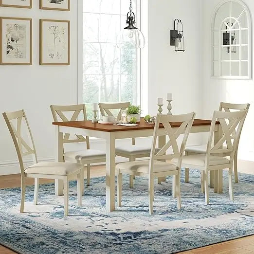 7-Piece Solid Wood Farmhouse Dining Table Set with 6 Upholstered Chairs, 60 Space-Saving Dinner Table and Chairs Set
