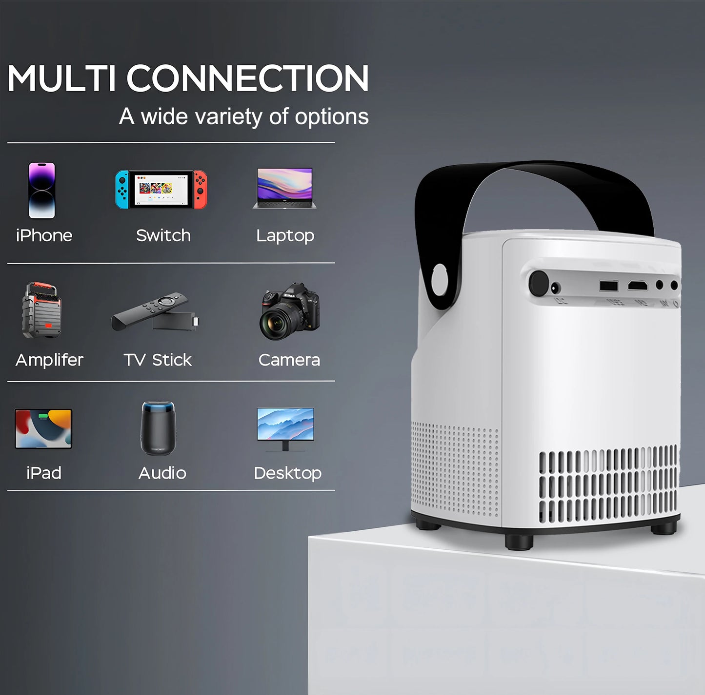 Projector with WiFi and Bluetooth Native 1080p Support 4K 12000 Lumens Portable Integrated Folding Handheld bracket, Model:T2