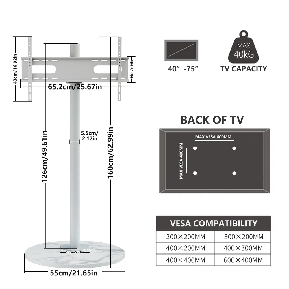 Height Adjustable TV Mount  Floor TV Stand for 40-75 Inch TV with Sintered Stone Base and Wheels