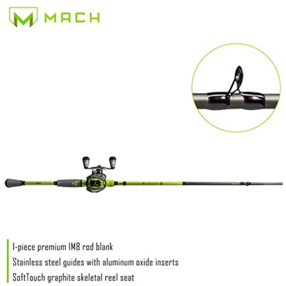 MACH 2 Baitcast Reel and Fishing Rod Combo IM8 Graphite Blank Fishing Rod Winn Dri-Tac Ultra Handle Black Green