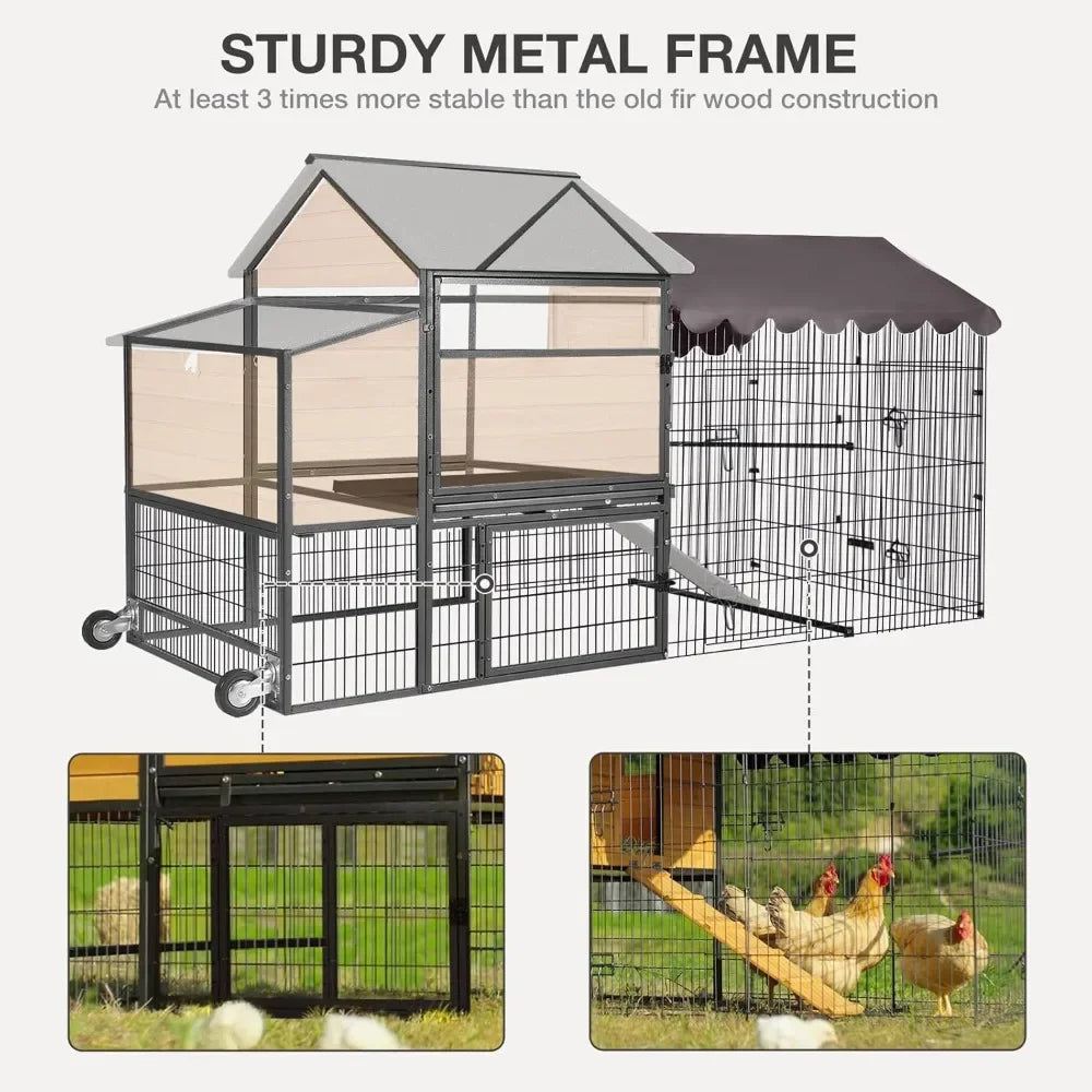 Chicken Coop with Wheels, Spacious 85 Metal Frame Chicken House with Nesting Box and Leakproof Pull on Tray