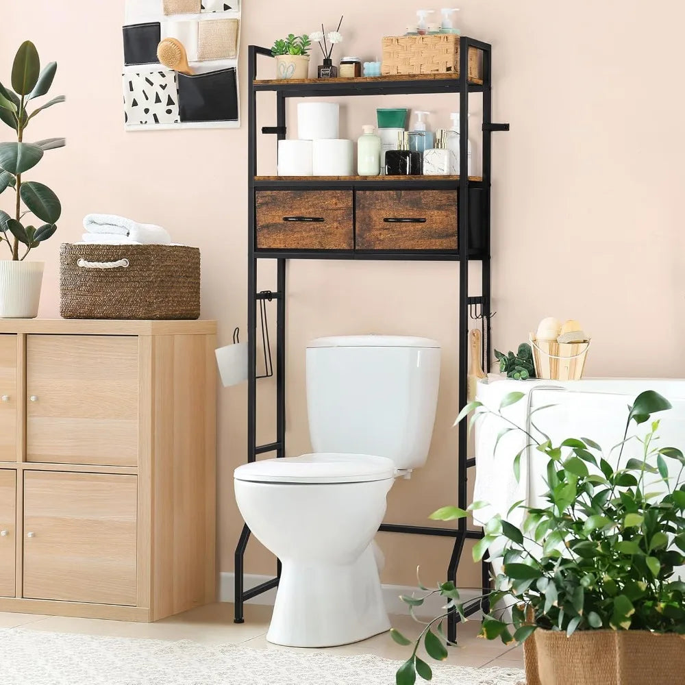 Over The Toilet Bathroom Storage Cabinet with Fabric Drawer, Tall Freestanding Shelf Organizer and Toilet Paper Holder in Brown