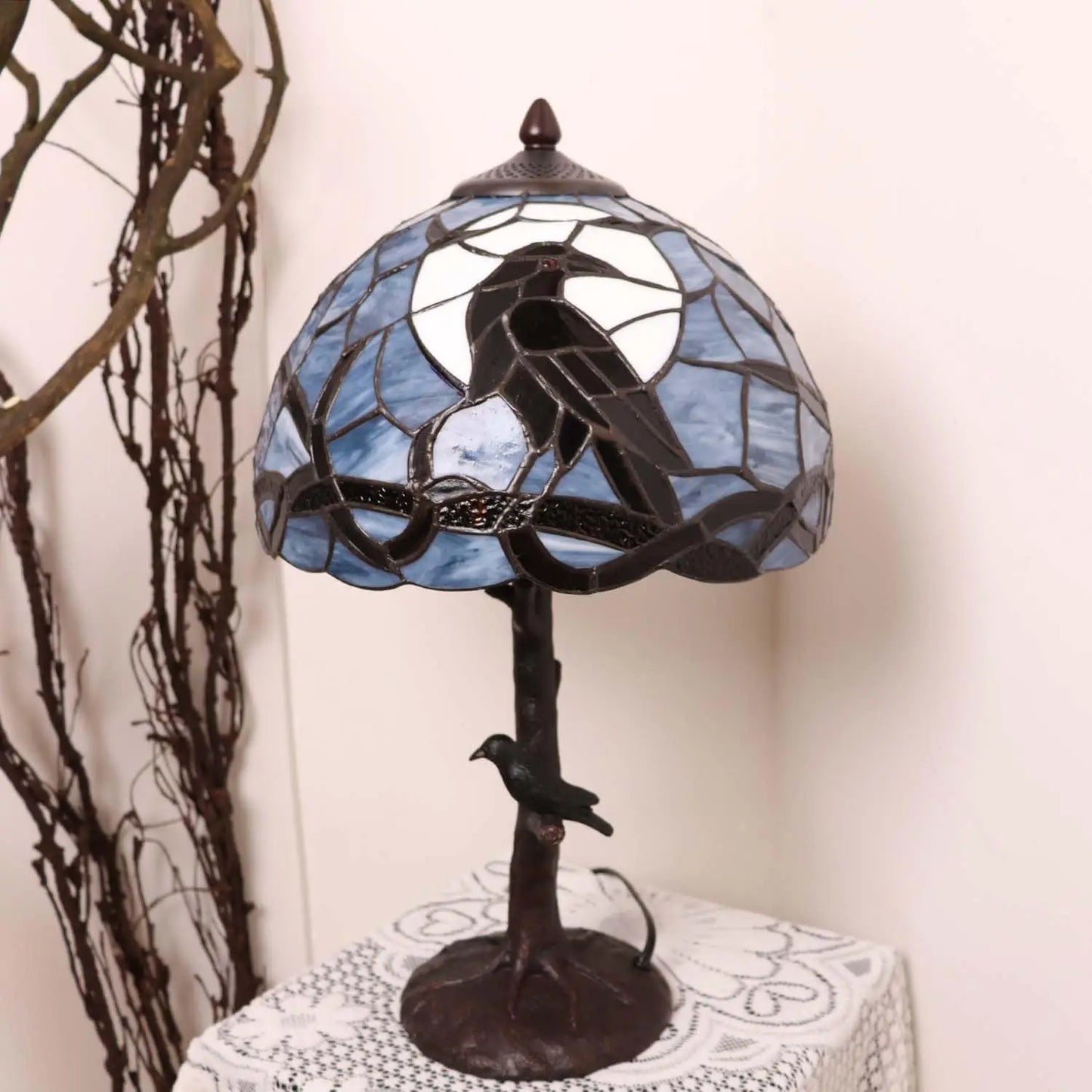 Raven Moon Night Stained Glass Table Lamp for Home Decor, Dark Blue, 12Wx20H