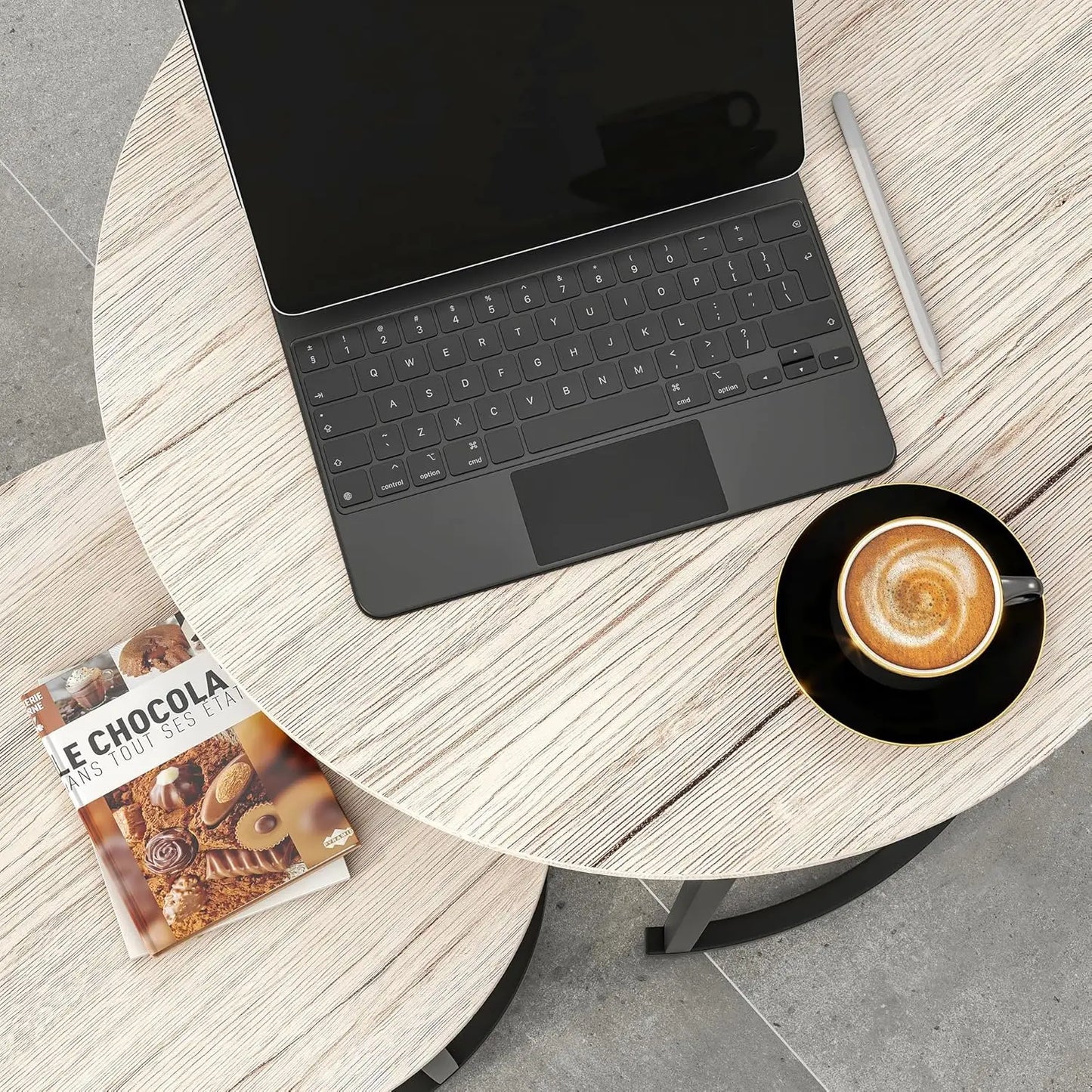 2-Piece Round Nesting Coffee Table Set | Black & White Oak, Metal Frame Wood Top | Sturdy Durable, Easy Assembly (No Tools Neede