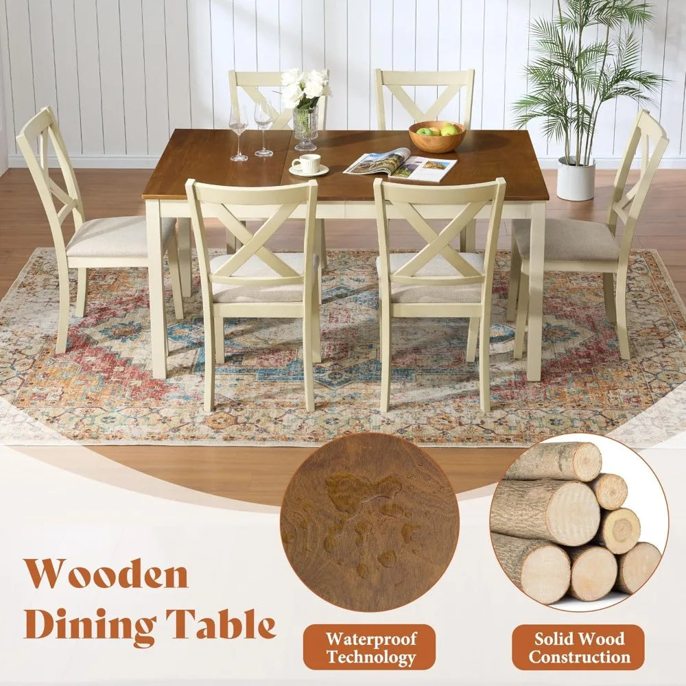 7-Piece Solid Wood Farmhouse Dining Table Set with 6 Upholstered Chairs, 60 Space-Saving Dinner Table and Chairs Set