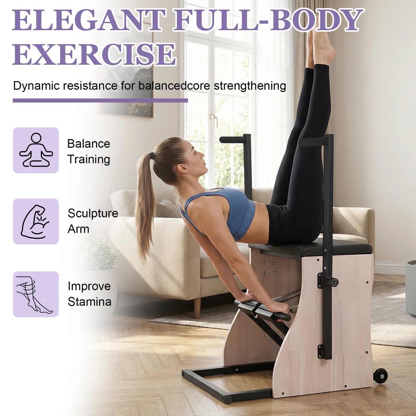 Oak Wood Yoga Fitness Trainer with Adjustable Resistance with Springs Split Pedal Handles for Yoga Core Training Rehabilitation