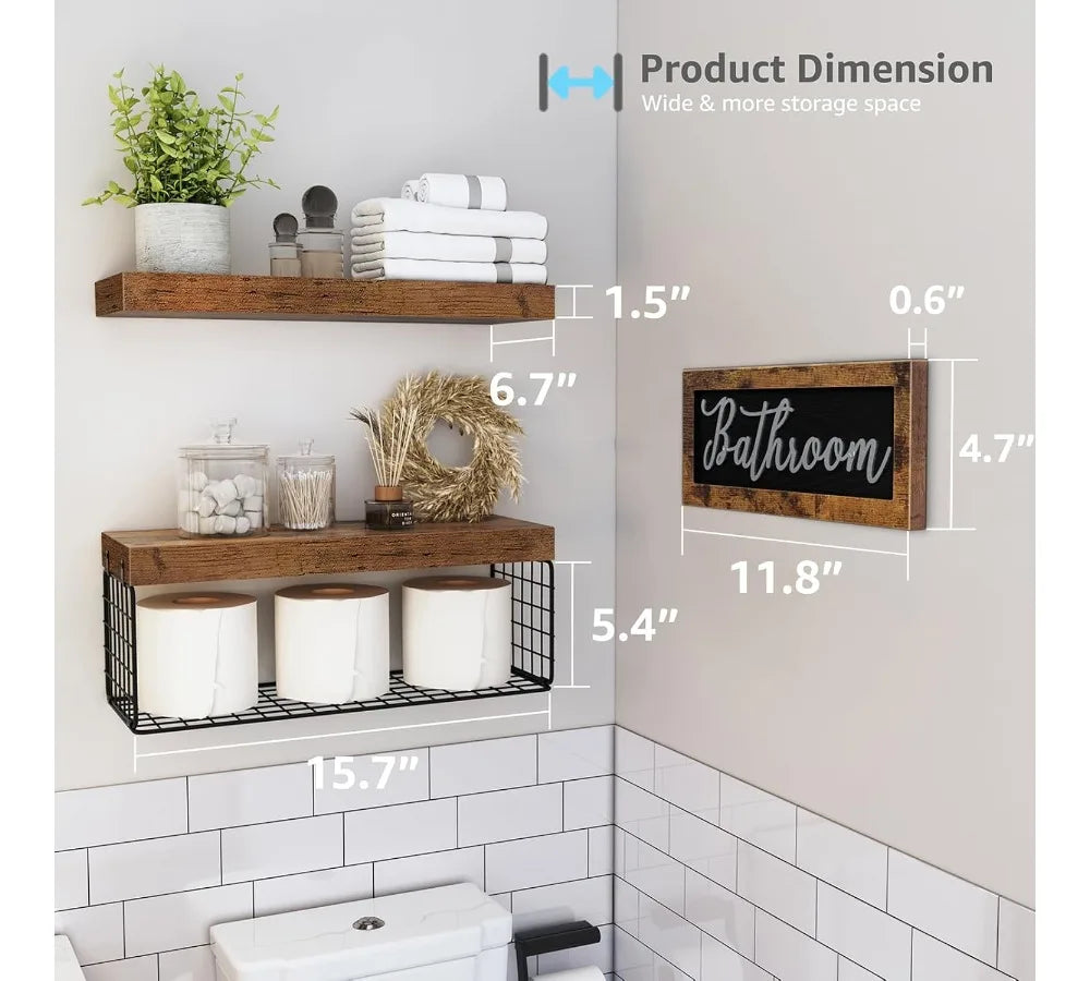 Farmhouse Bathroom Shelves Over Toilet - Floating Shelf Set with Basket & Decor Sign, Rustic Brown