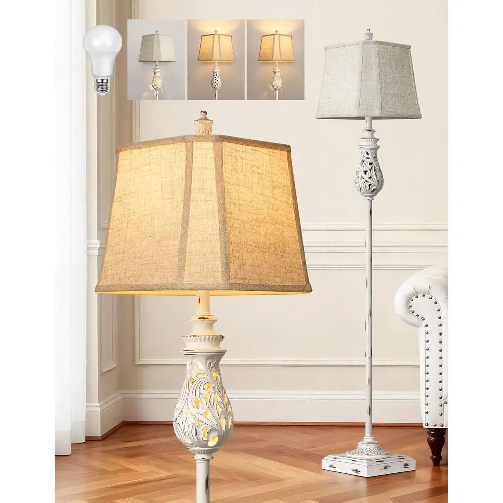 Vintage Floor Lamp with Nightlight, Rustic Tall Standing Lamp, Rotary Switch, Beige Linen Shade, Suitable for Living Room, Bedro