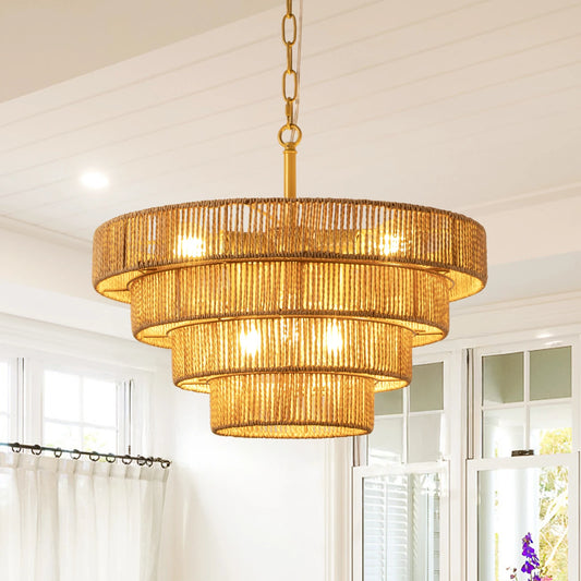 19.7" Boho Hand-Woven Rattan Chandelier Vintage Farmhouse 4 Round Hemp Rope Pendant Light for Dining Room Kitchen Island