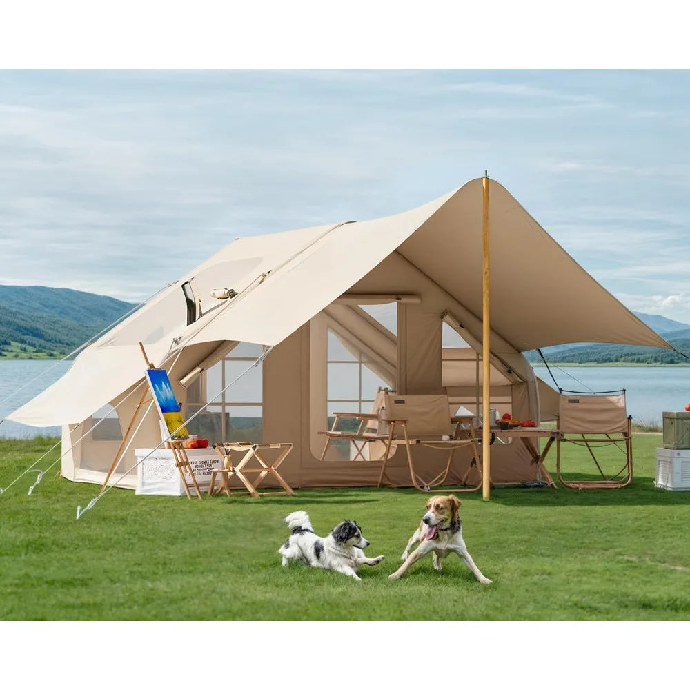 Inflatable Camping Tent with Pump & Awning,8-14 Person Air Tents for Camping Adult, Large Waterproof Oxford Family Glamping Tent