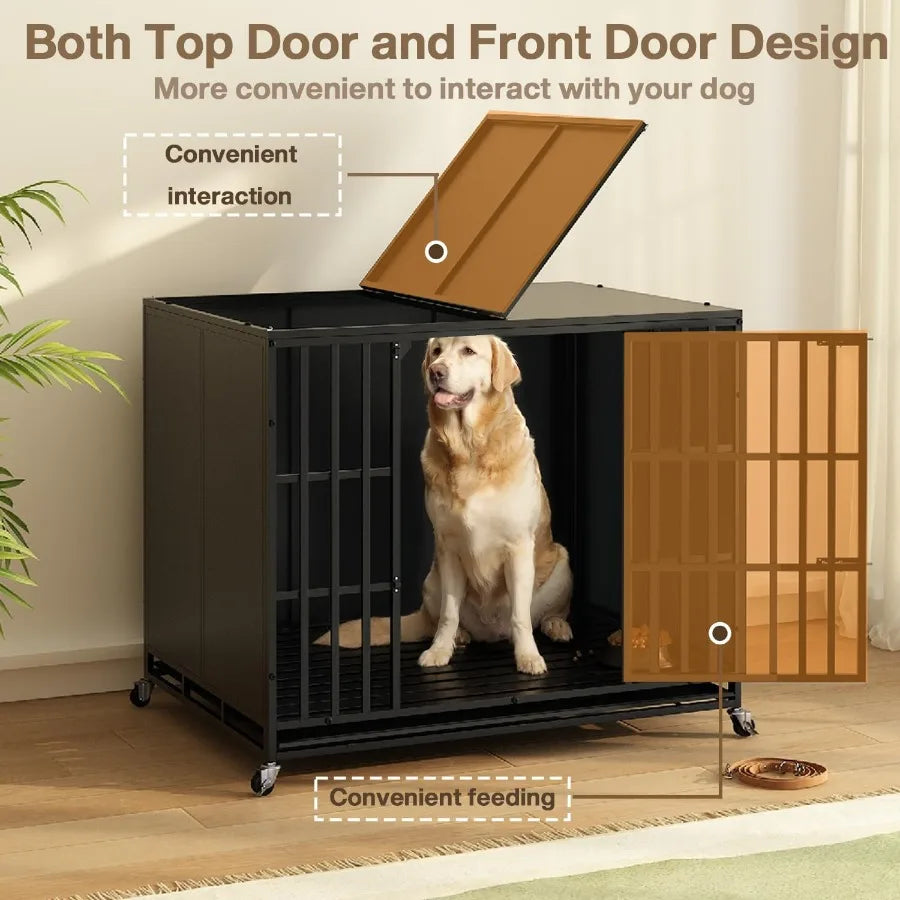 48/42 inch Heavy Duty Indestructible Dog Crate for Large Dogs with High Anxiety Extra Large Steel Escape Proof Dog Kennel Featu