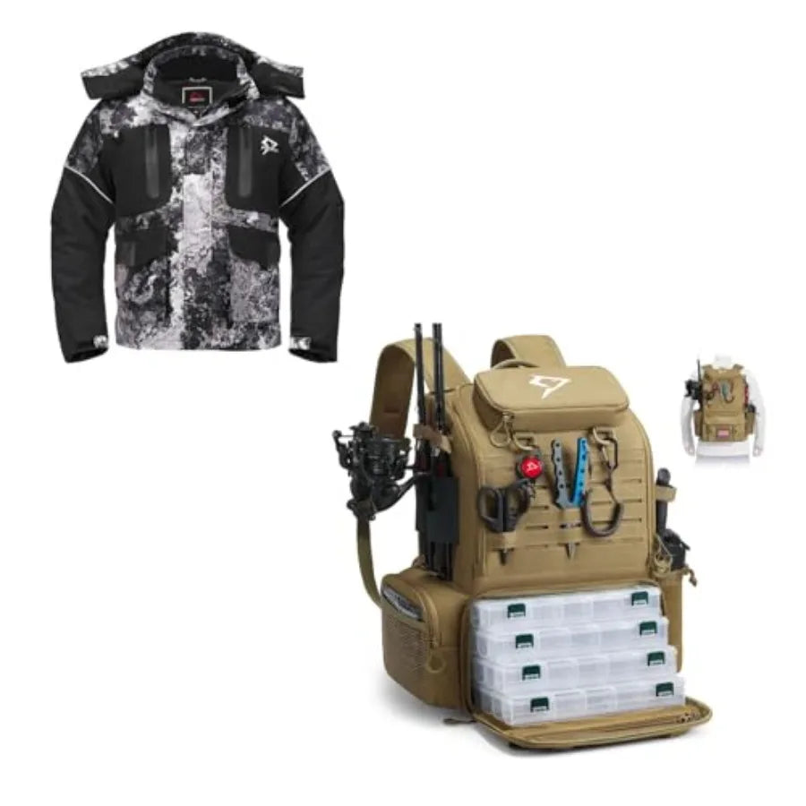 Ice Fishing Jacket Bundle with 52L Fishing Tackle Backpack with Rod Holders 4 Tackle Boxes Waterproof Nylon Outerwear Charcoal