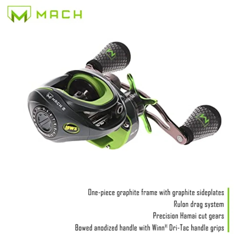 MACH 2 Baitcast Reel and Fishing Rod Combo IM8 Graphite Blank Fishing Rod Winn Dri-Tac Ultra Handle Black Green