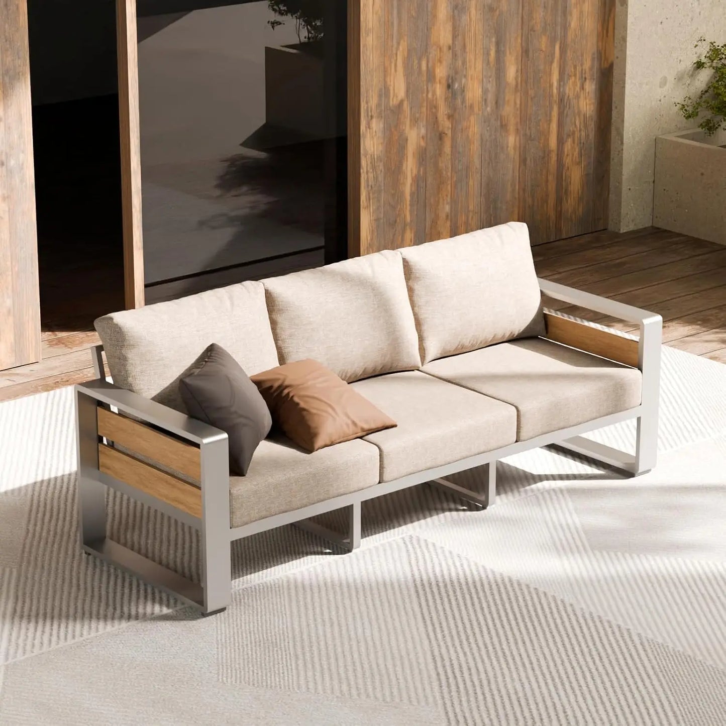 Outdoor Aluminum Patio Furniture - 1 Pcs 3-Seat, All-Weather Metal Modern Outside Sofa with Washable Thick Cushion for Garden