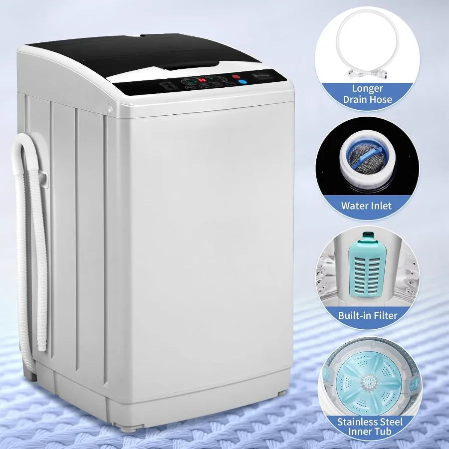 25LBS Portable FullAutomatic Washing Machine with Stainless Steel Drum 10 Wash Programs Compact Washer and Spin Dryer Combo Fea