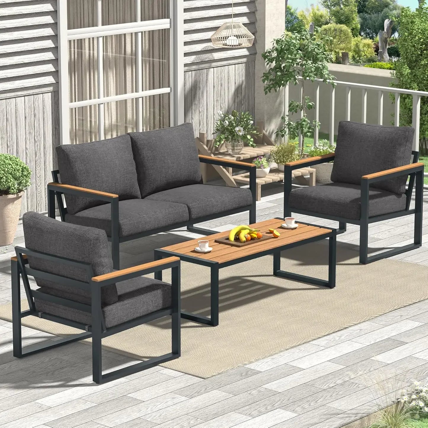 4-Piece Metal Patio Set with Coffee Table & Washable Cushions, Outdoor Conversation Furniture