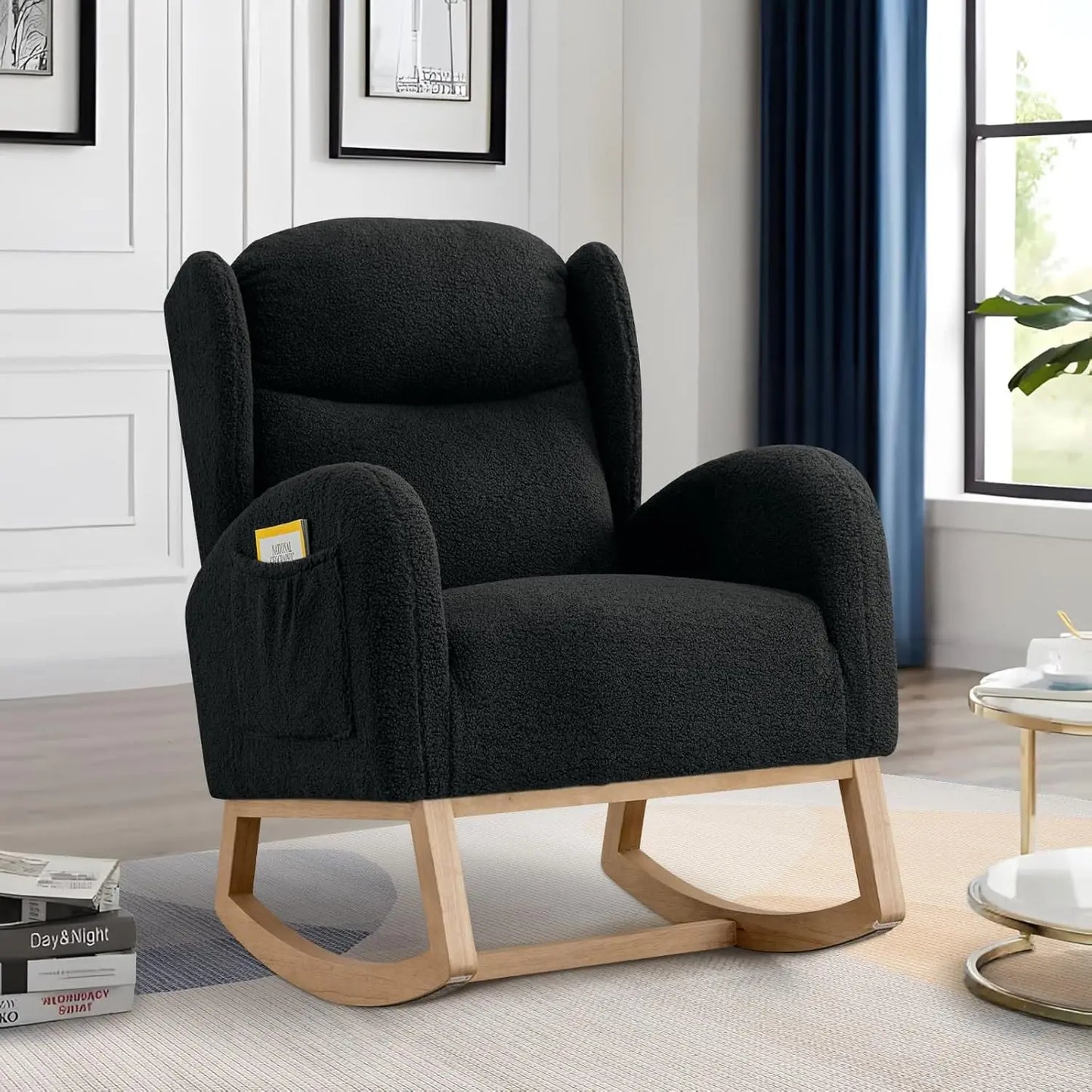 Rocking Glider Chair for Nursery, Wingback Accent Rocker Chair Upholstered Tall Back Arm Chair w/Side Pockets, Modern Leisure