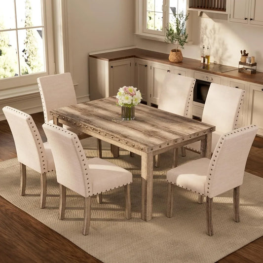 Rustic 6-Seater Dining Set | 60" Rectangular Wood Table & 6 Upholstered Chairs with Nailhead Trim