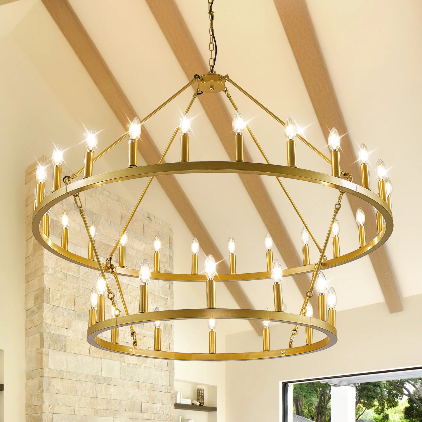 47'' Extra Large Wagon Wheel Chandelier 2 Tier 36-Lights Farmhouse Pendant Light Fixture Hanging Lighting for High Ceiling