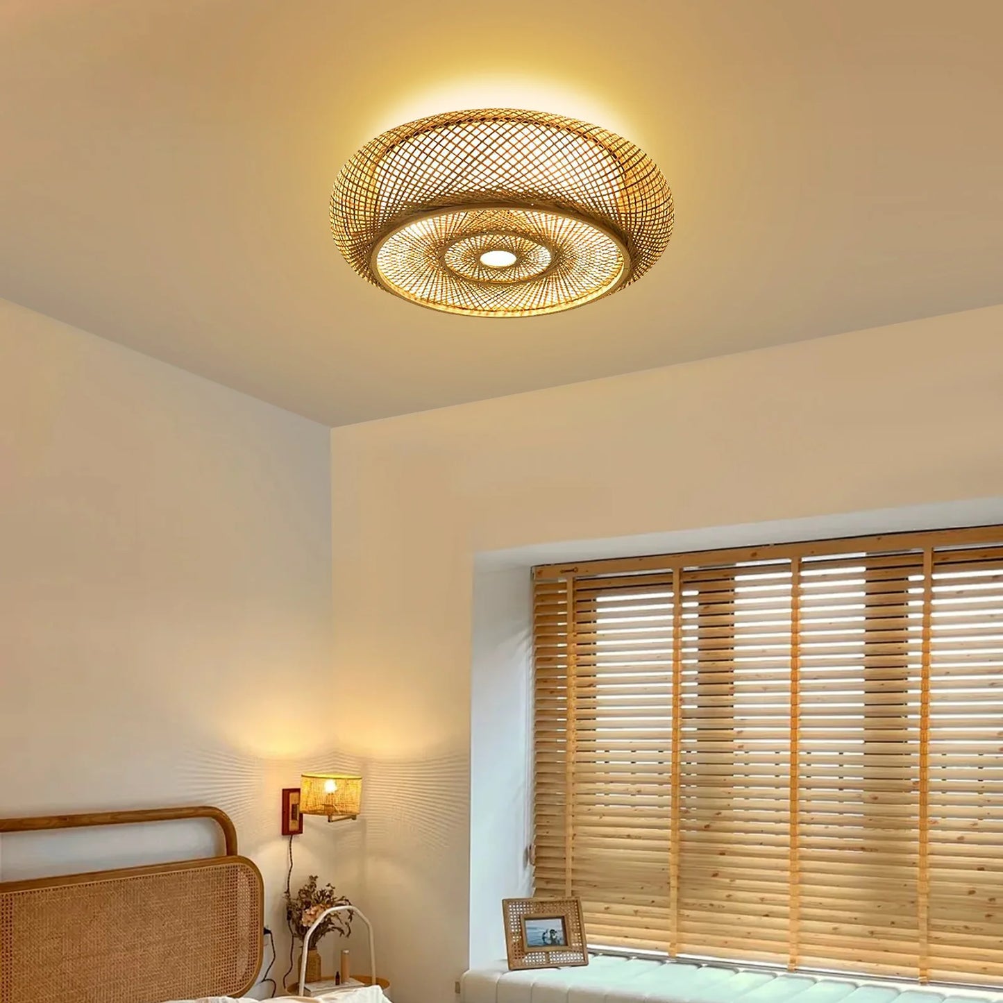 110V Bamboo Ceiling Light Rattan Ceiling Fixture Hanging Lamp Flush Mount Ceiling Lamp 3*E26 bulbs (Not Included)