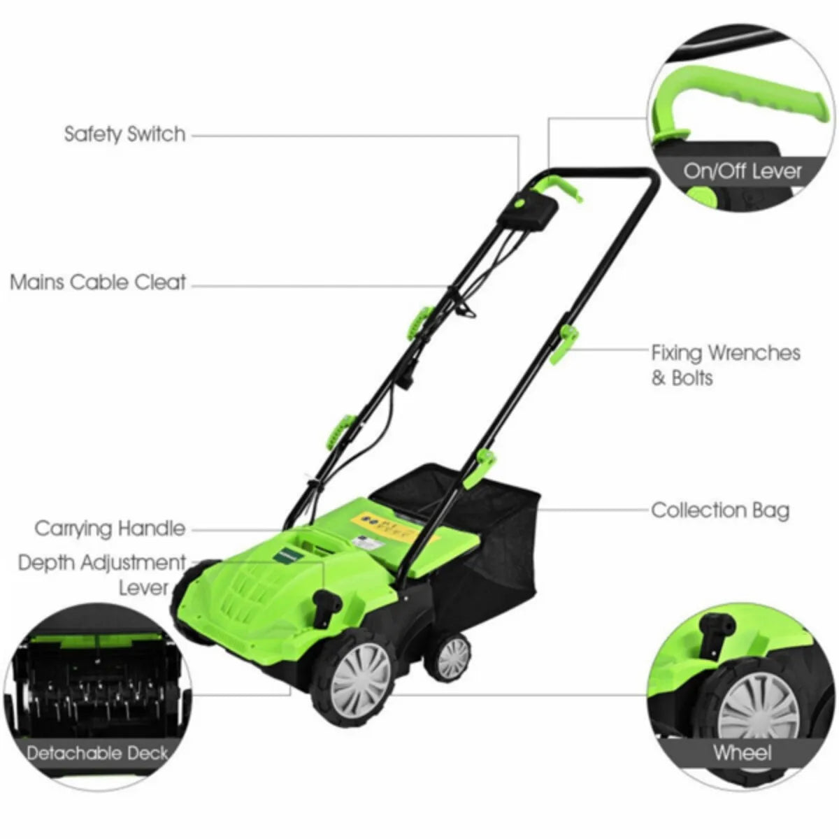 13" Electric Lawn Dethatcher w/ Collection Bag and Removable Blades Multifunctional Grass Trimmer Garden Trimming Machine