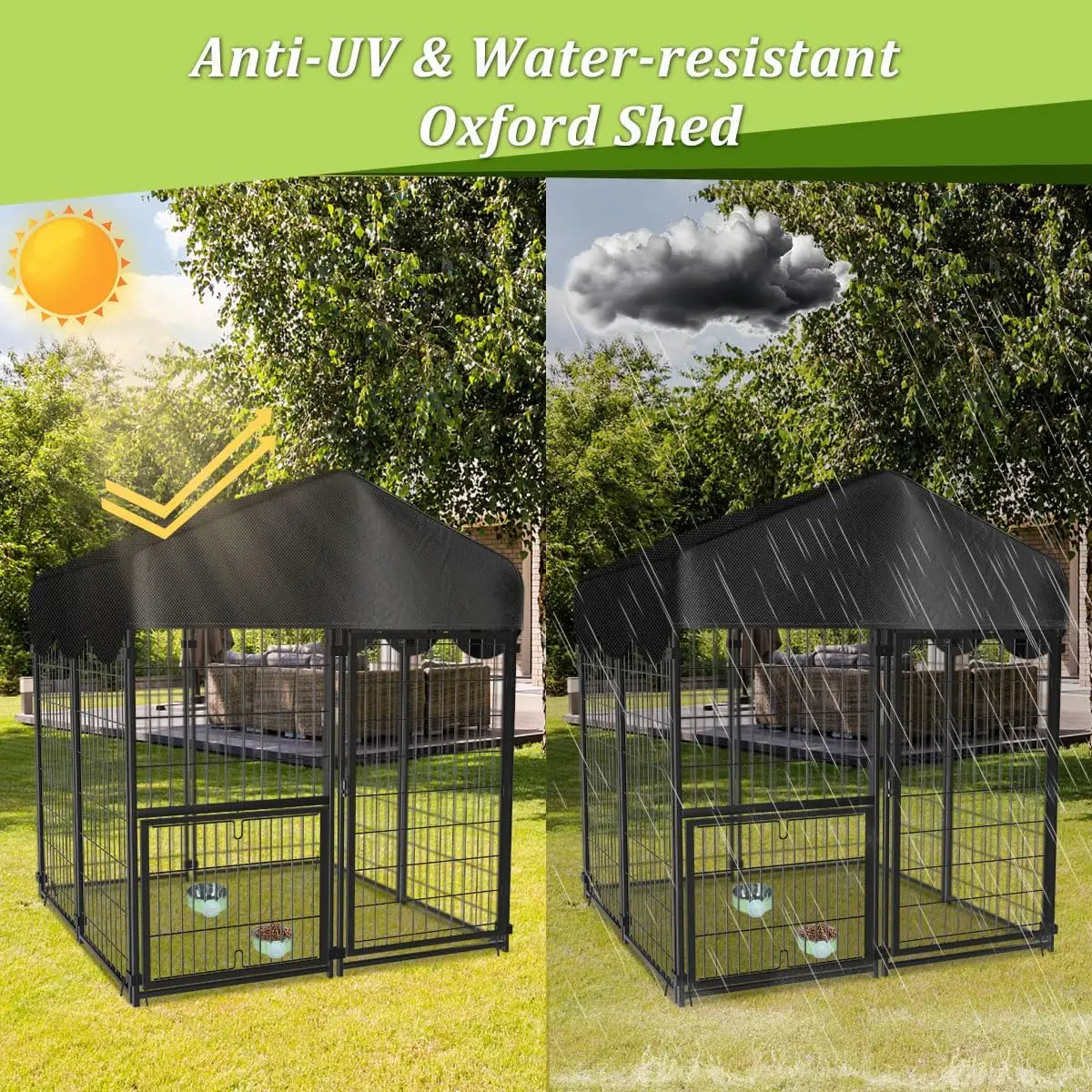 Outdoor Dog Kennel with Roof, 4x4.2x4.5FT Large Enclosure, Adjustable Feeder Door for Yard Playpen