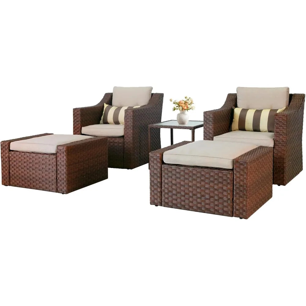 5 Piece Patio Conversation Set Outdoor Furniture Set, Brown Wicker Lounge Chair with Ottoman Footrest, W/Coffee Table & Cushion
