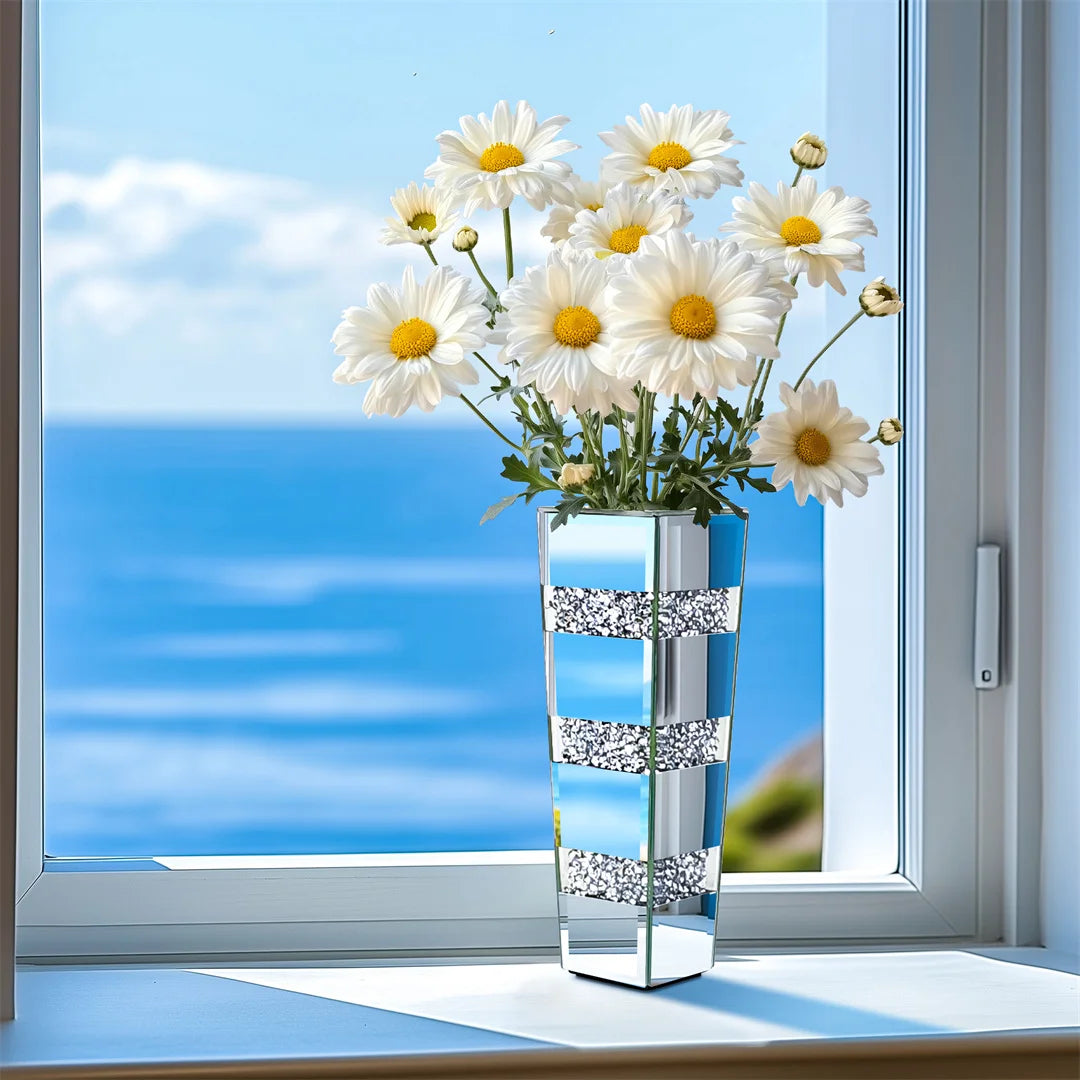 28” Tall Decorative Crystal Silver Floor Flower Vase Standing Mirrored Flower Vase Floral Arrangement Vase