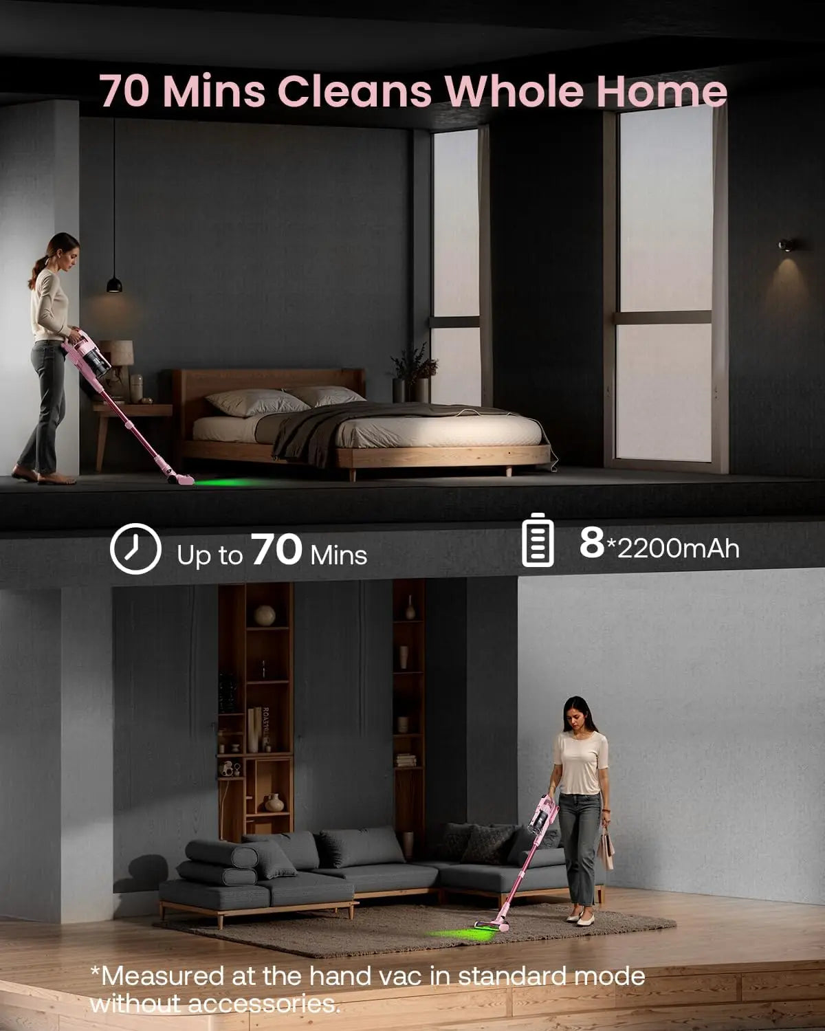 Cordless Vacuum Cleaner with 60Kpa Suction, 70min Runtime, Green LED Light for Pet Hair on Floors & Carpet