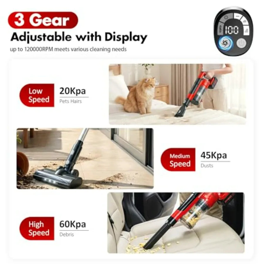 Cordless Vacuum Cleaners for Home with 2Battery 8000mAh Brushless Rechargeable Stick Vacuum with 3 Mode 6 In 1 Portable Handhel