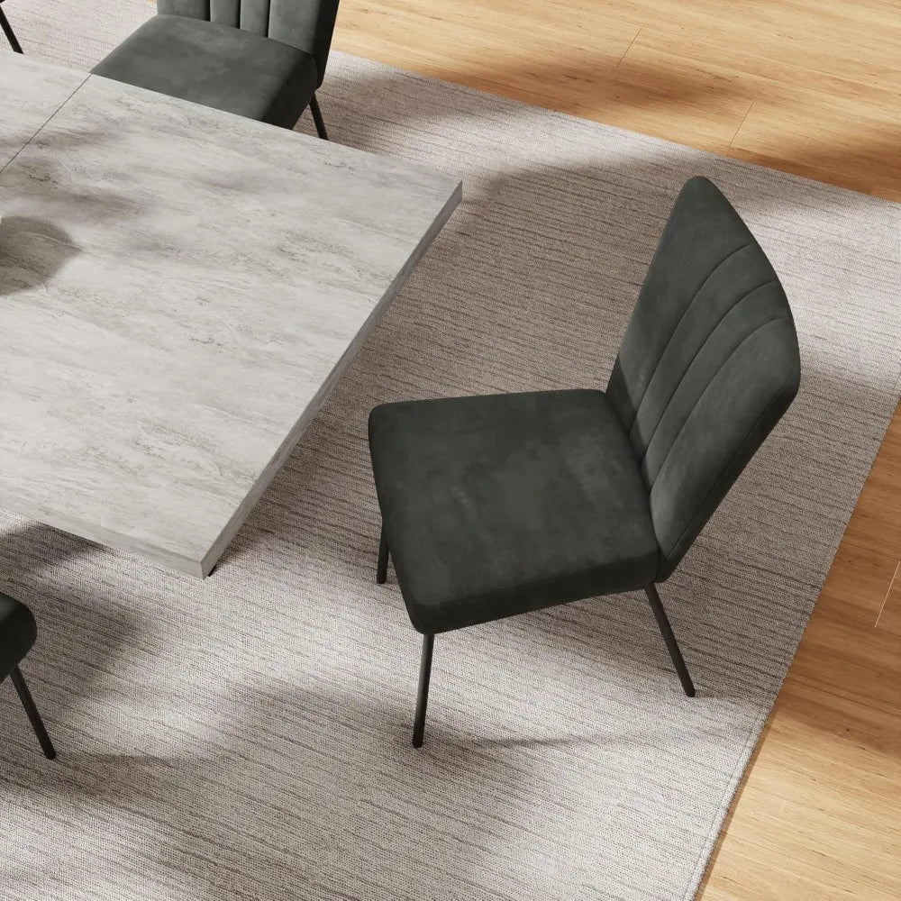 6-Piece Extendable Dining Table Set, Modern 51''–67'' Grey Wood Table with 6 Black Fabric Chairs, Dining Room Table and Chairs