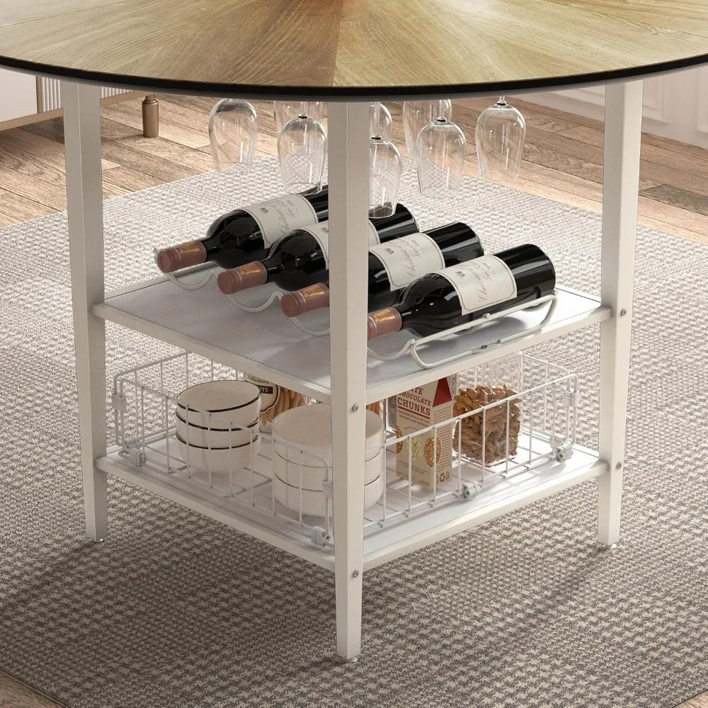 farmhouse-style 47" round dining table set for 4-6 with 4 chairs and storage rack, rustic wood design