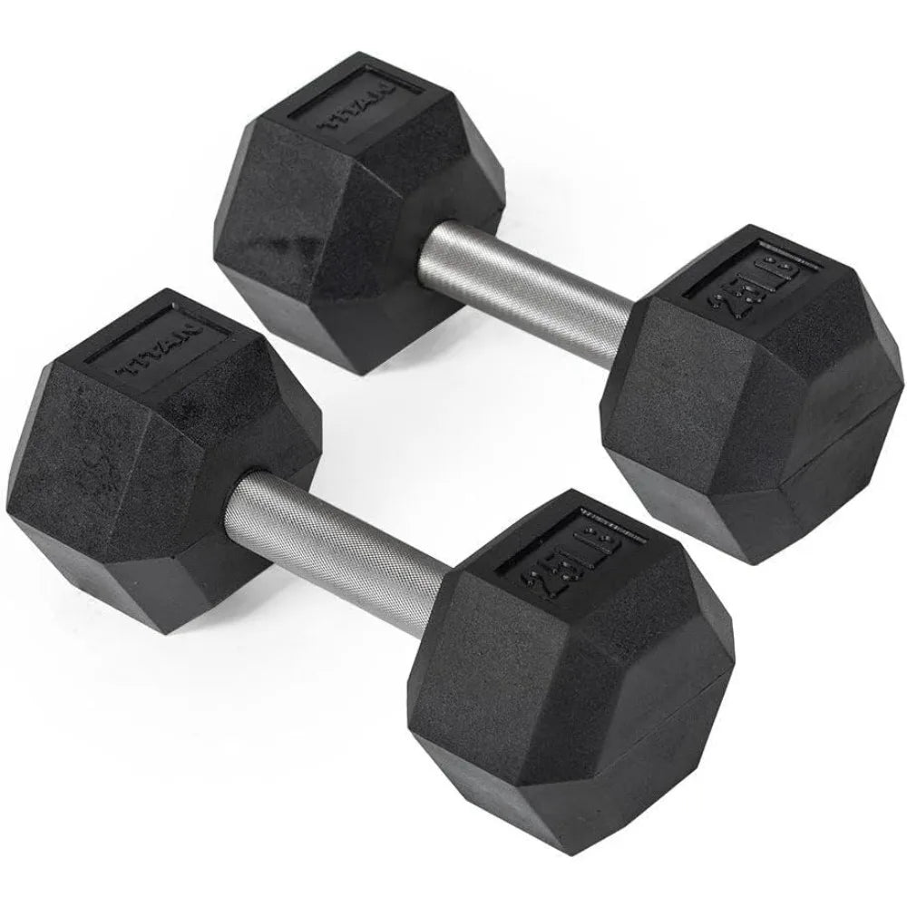 Titan Fitness 25-Pound Black Rubber Hex Dumbbells with Straight Stainless Steel Handles for Strength Training