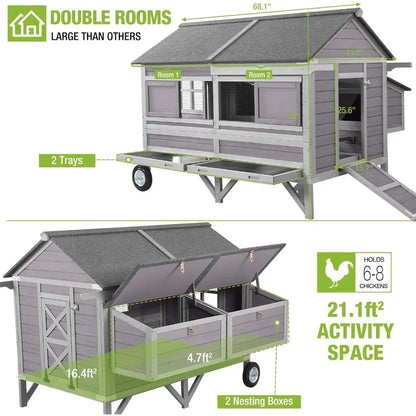 Chicken Coop with Super Large Wheels for 8-10 Chickens Mobile Duck House 68.1 L with Four Nesting Boxes, Four Perches