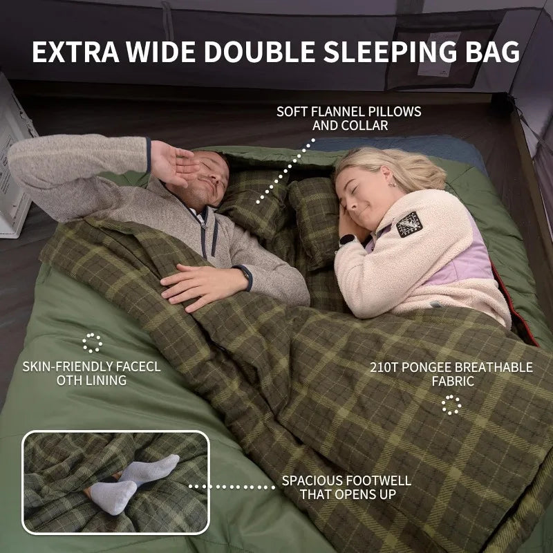 0 Degree and 40 Degree Flannel Two Person Sleeping Bag with Pillows for Adults, Couples & Family, Doublewide Double S