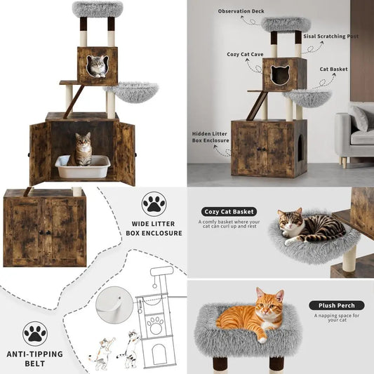 Modern 57.5-Inch Large Cat Tower with Litter Box Enclosure, Condo, Hammock, Scratching Post, and Play Area for Indoor Cats