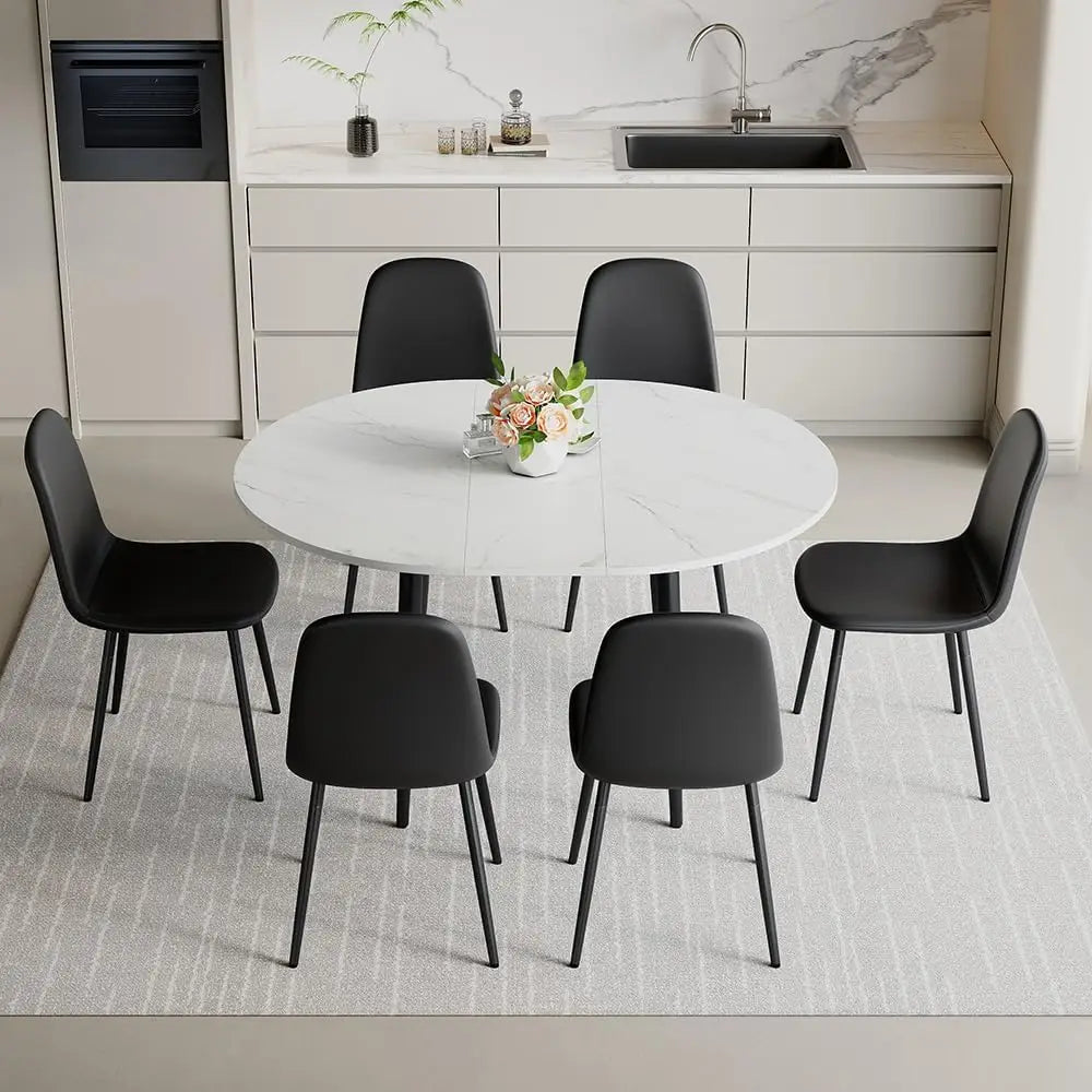42"-54" Extendable Dining Room Table Set for 6, Round Dining Table Set for 6, White Kitchen Table with Upholstered Chairs