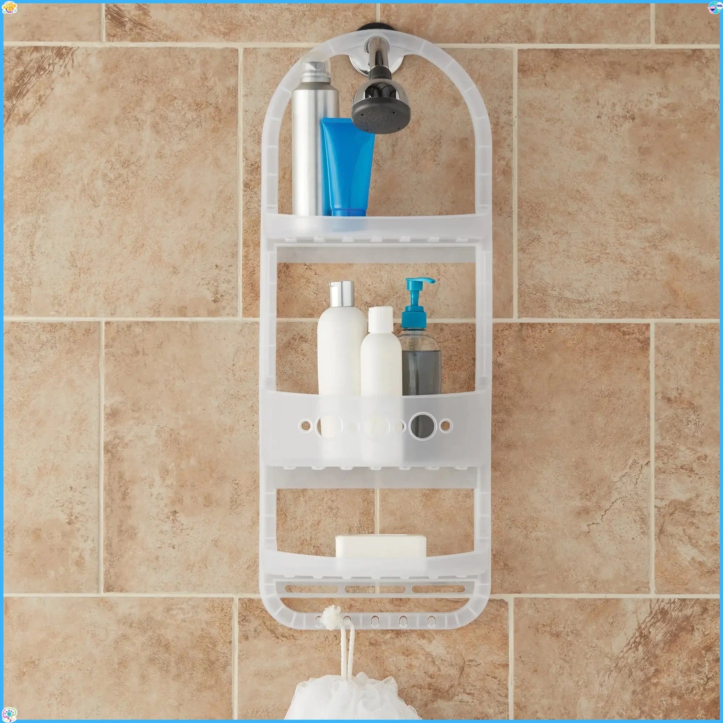 Large over the Shower Caddy, 2 Shelves, 1 Deep Basket, Heavy Duty Plastic, Frosty Finish, bathroom shelves, wall shelf