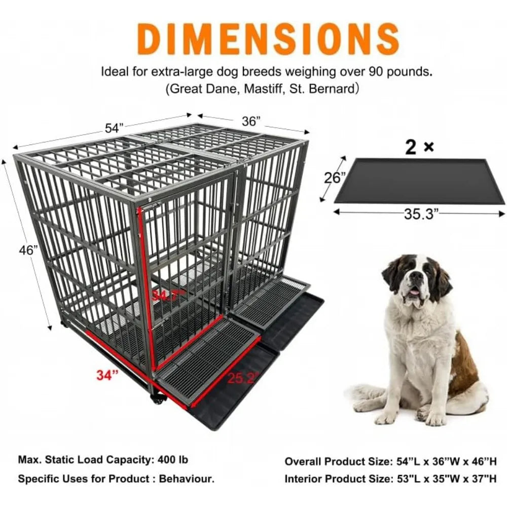 Masterpiece 54/48/42/38 Inch Heavy Duty Dog Crate Cage With Wheels, Indestructible And Escape Proof Steel Kennel Indoor For Hig
