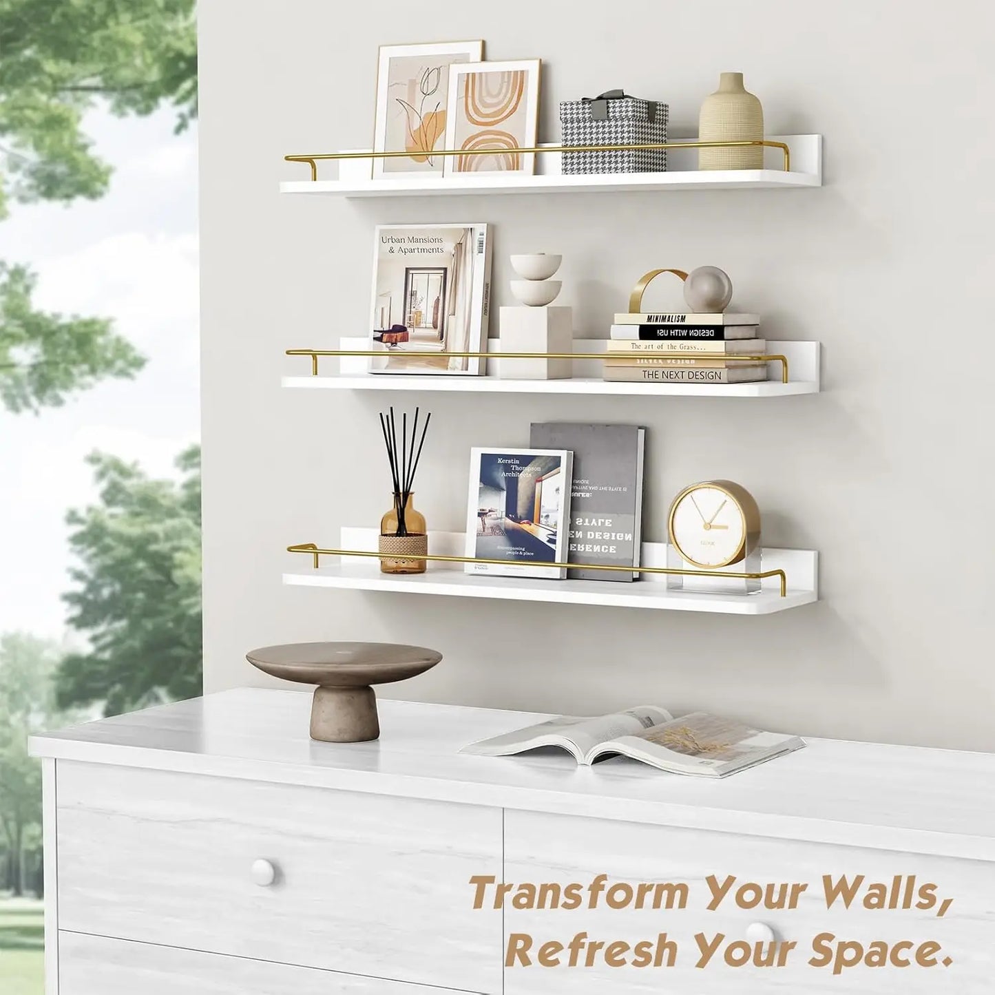 24Inch Gold Floating Shelves Set of 3, Modern Bathroom Wall Shelves Over Toilet Storage with Mounting Rail