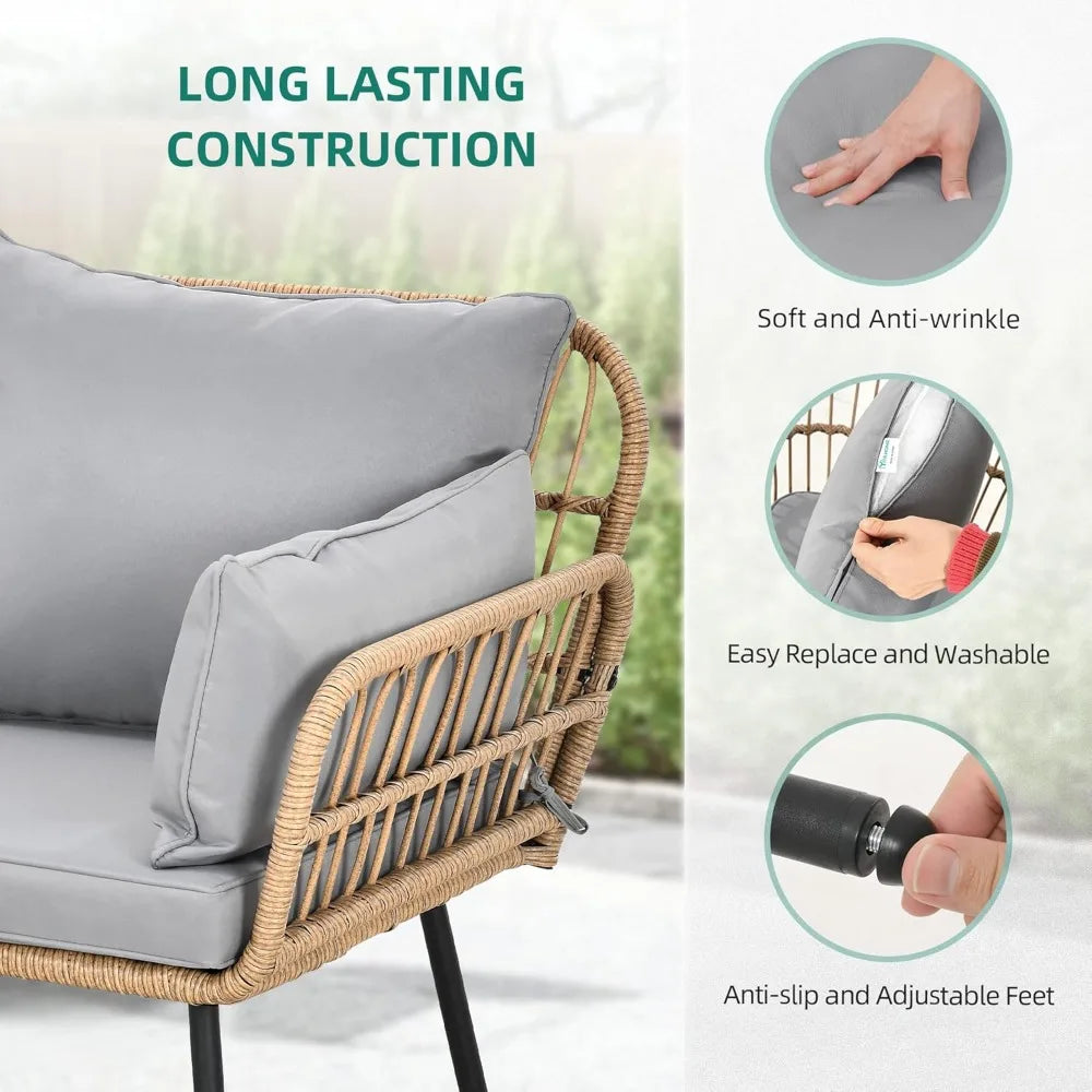 All-Weather Wicker Rattan Outdoor Patio Loveseat with Cushions and Lumbar Pillows, 2-Seater Sofa Set