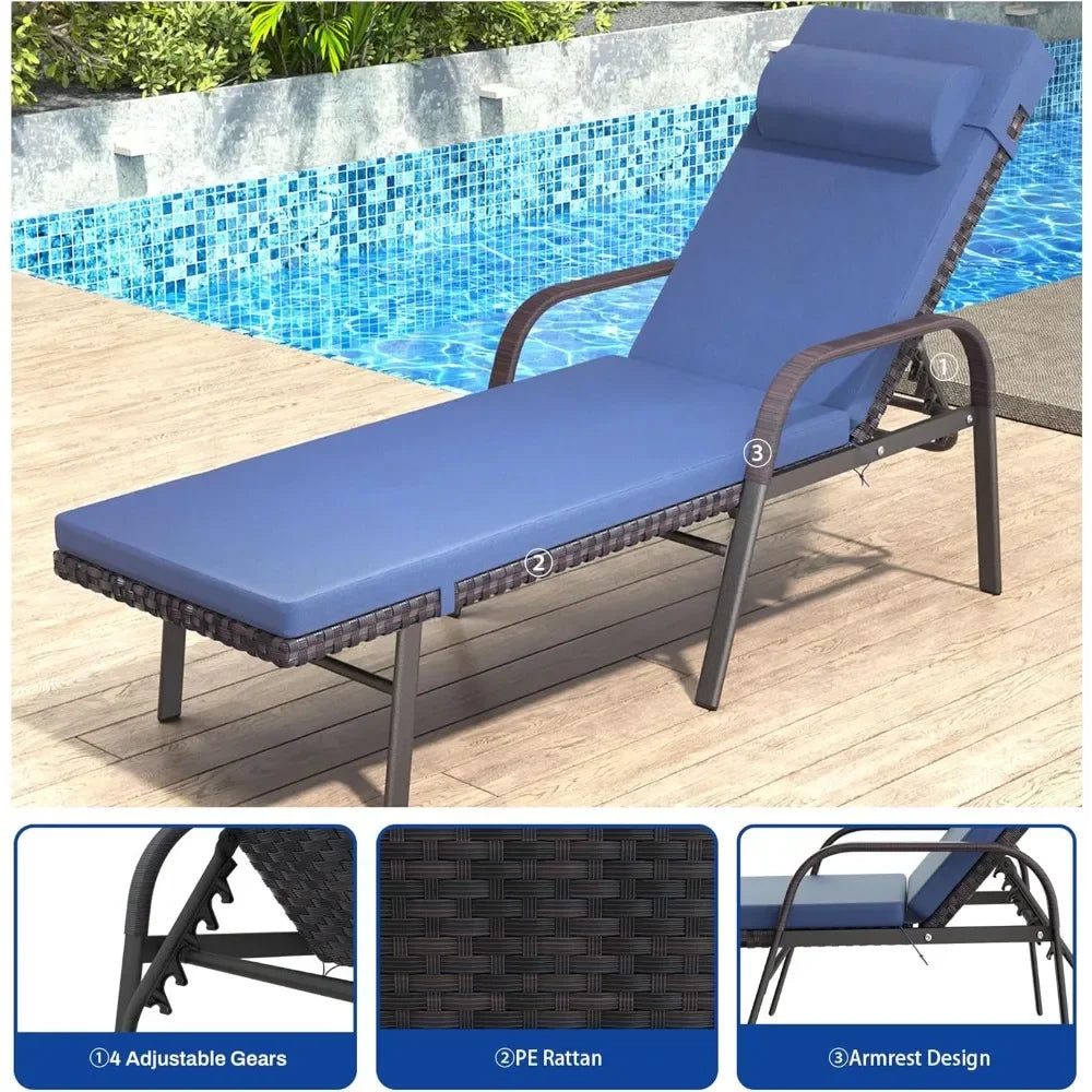 Patio Chaise Lounge Set 3 Pieces Pool Lounge Chairs,Cushioned Outdoor Folding Lounge Chair w/Arm and Rattan Adjustable Backrest