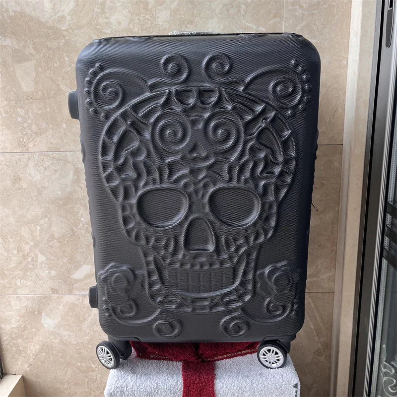 20 inc Black Skull Cabin Rolling Luggage Carry On Size Spinner Hardside Trolley Suitcase On Wheels